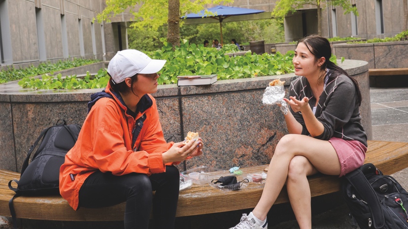 Two students outside in courtyard