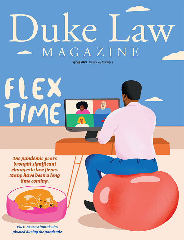Magazine Cover -- Man sitting at desk on a zoom call on exercise ball with a dog curled up beside him
