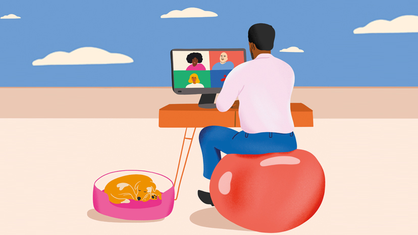 Illustration of man sitting at a desk on a red exercises ball on a video chat, clouds in the sky ahead of him, a dog curled up on the floor beside him