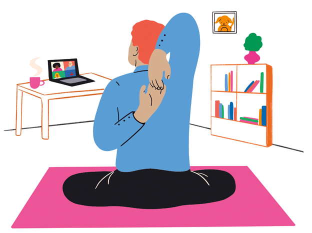 Drawing of man in lotus position doing a yoga stretch in home office