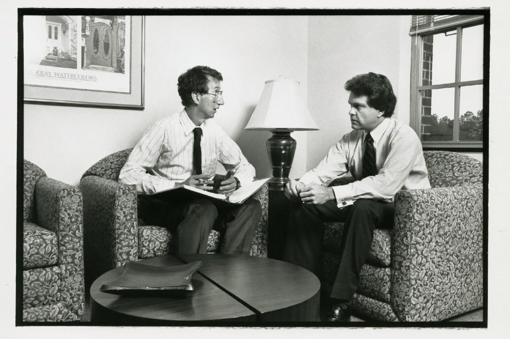 Black and white photo of professors Cox and Baxter