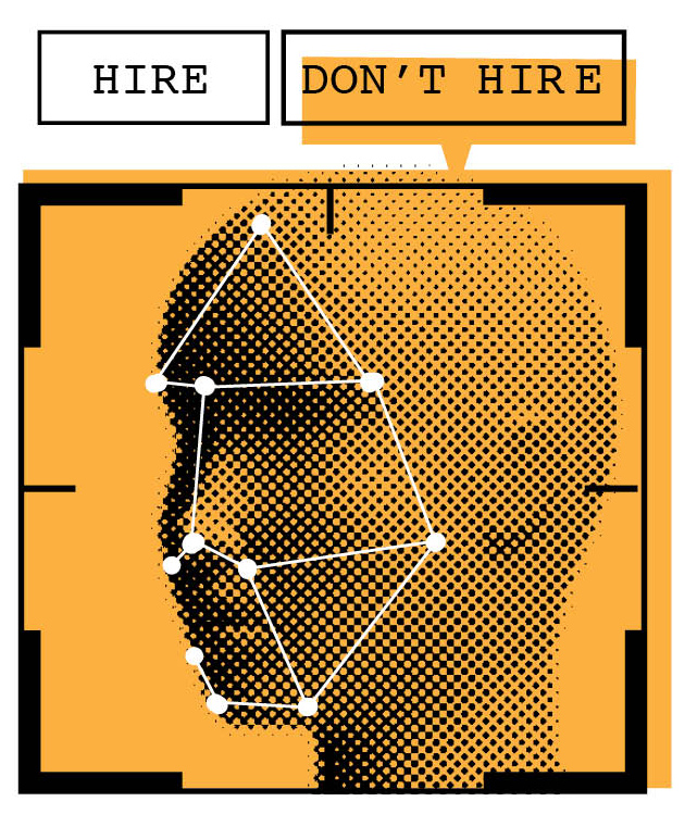 Illustration of head with face-mapping vertices and labels choosing "hire" and "don't hire"